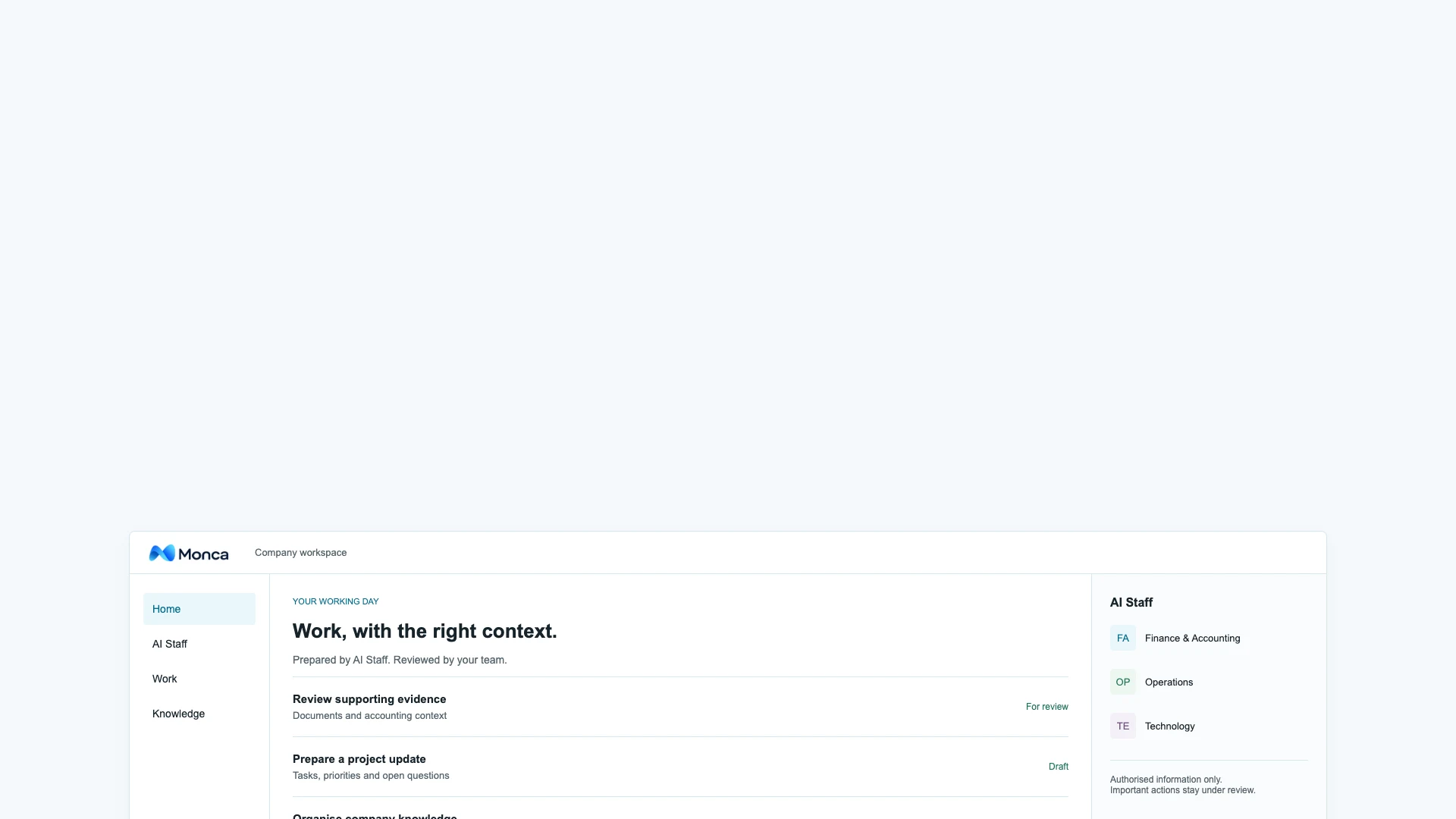 Illustrative Monca workspace connecting company knowledge, AI Staff and human-reviewed work. No customer data is shown.